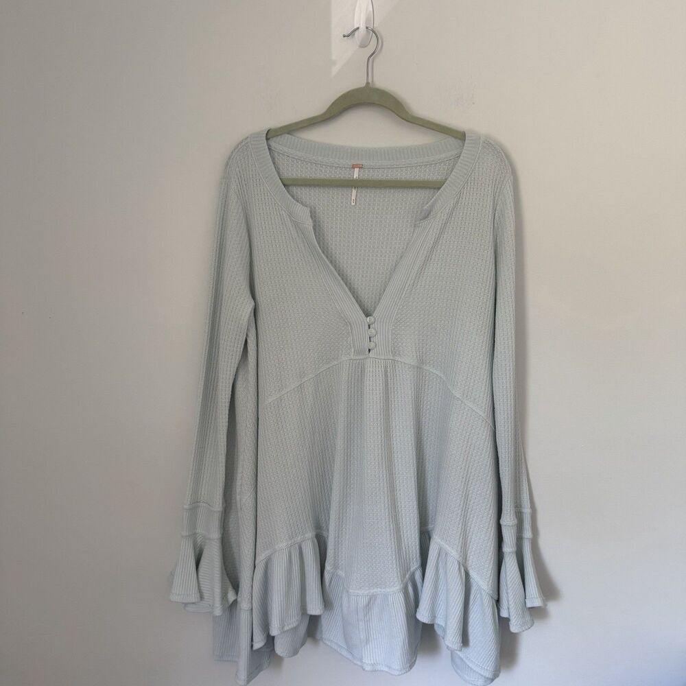 Free People Waffle Knit Henley Top Size M Light Blue Thermal Ruffle Bell Sleeve